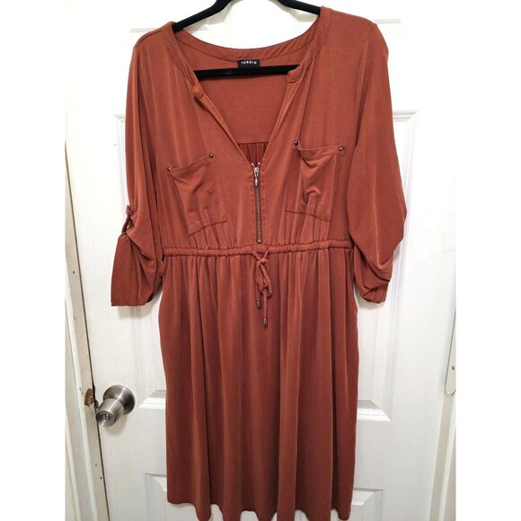 Torrid Rust Brown Midi Dress Zipper Front Drawstring Waist & Rolled Sleeves Size - Picture 2 of 10